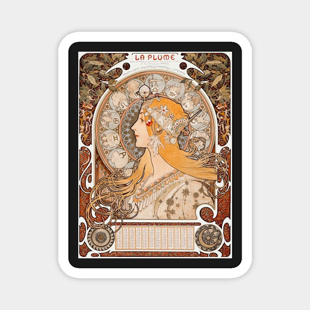 Alphonse Maria Mucha's Zodiaque or La Plume (ca. 1896–1897) Magnet by RosMir