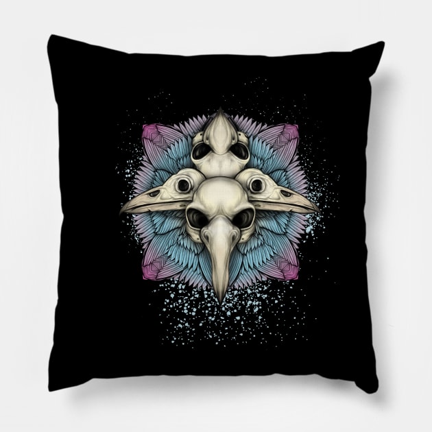 Gothic Bird Skull Feather Mandala Pillow by shaireproductions