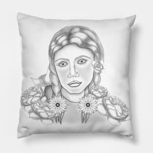 Sketch Girl with peonies, line, black and white,portrait Pillow