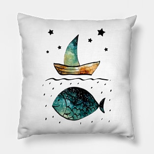 Watercolor Starry Sky, Fish and Sail Boat Pillow