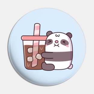 Cute Chubby Panda Bear Hugging Iced Coffee Pin