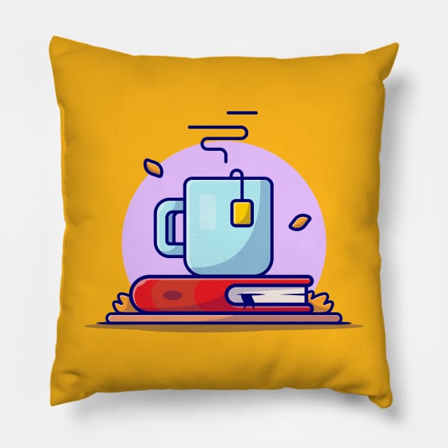 Hot Tea with Book Cartoon Vector Icon Illustration Pillow by Catalyst Labs