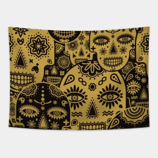 Creepy vintage sugar skull pattern in black and gold Tapestry