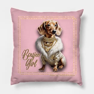 Boujee Girl Dachshund Wearing Luxurious Coat & Gold Necklaces Pillow