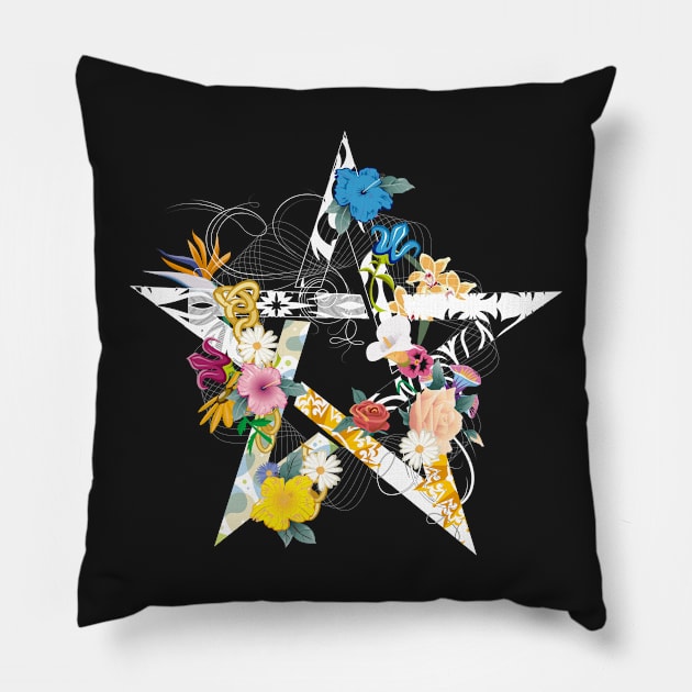 a pentagram with flowers Pillow by Kisho