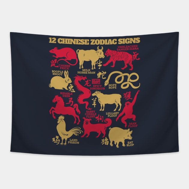 NEW FUNNY ANIMAL NAME MEMES 12 CHINESE ZODIAC SIGNS Tapestry by porcodiseno