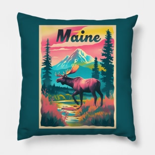 Maine Moose Mountain Trees Nature Retro Wildlife Souvenir Pillow