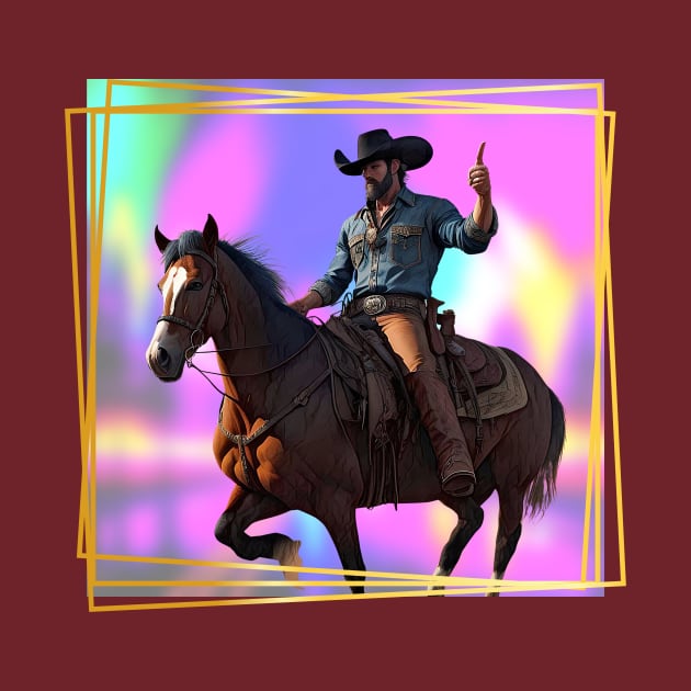 Mounted Cowboy holding his finger up Neon backgrd by PersianFMts