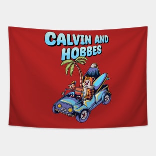 Calvin and hobbes riding a jeep goes to vacation Tapestry