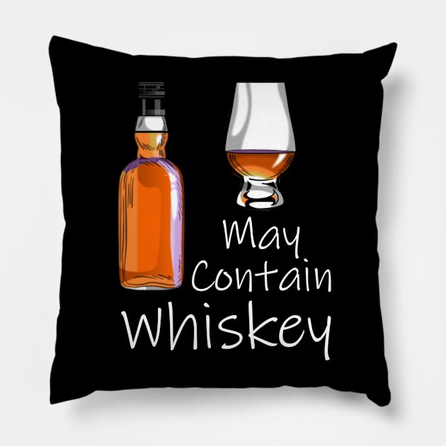 Funny Drinking May Contain Whiskey Pillow by macdonaldcreativestudios