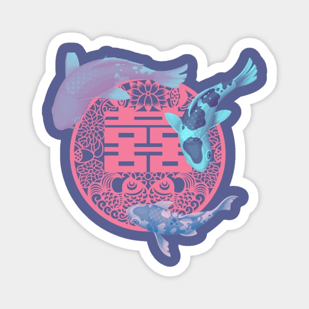 Double Happiness Koi Fish Blush Pink and Baby Blue with Pink Symbol - Hong Kong Retro Magnet by CRAFTY BITCH