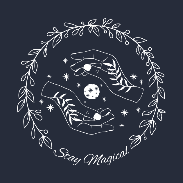 Line art floral wreath with hands holding moon - stay magical by Ieva Li ART