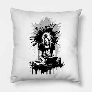 Inky Woman Creating at a Laptop Pillow