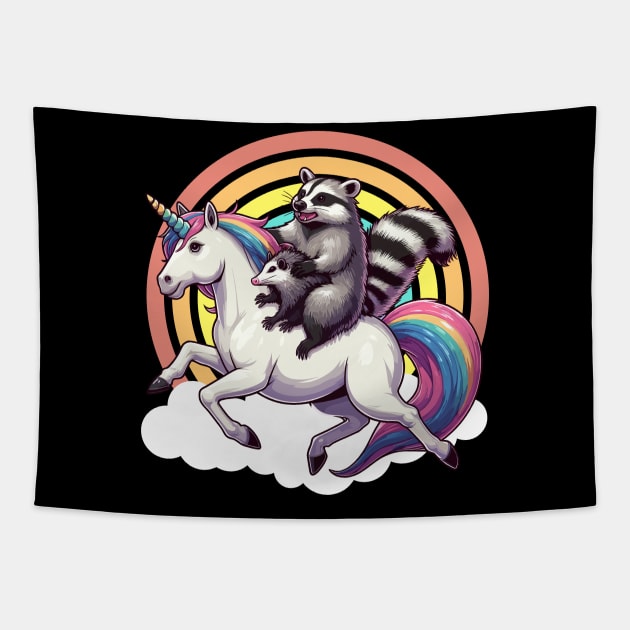 Raccoon and Possum Riding a Unicorn Tapestry by Kawaii N Spice