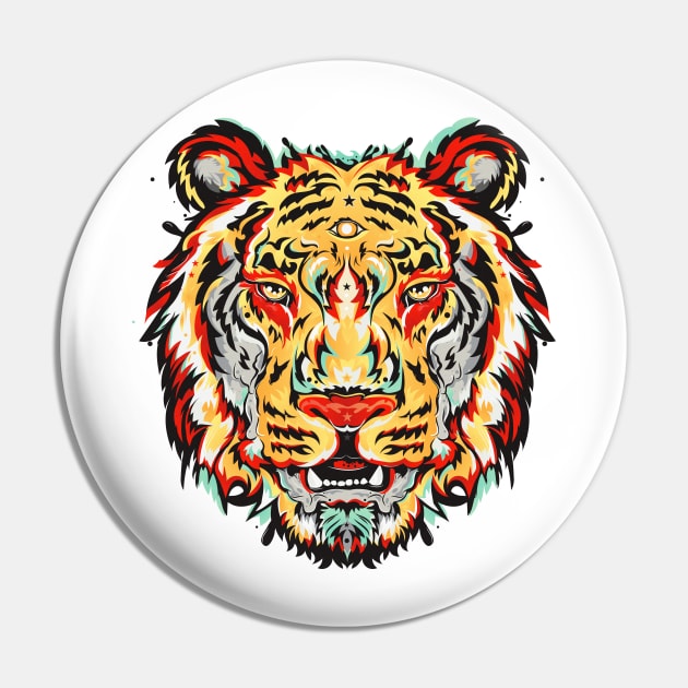 Wild Beauty: A Striking Yellow, Green and Red Tiger Design Pin by yoaz