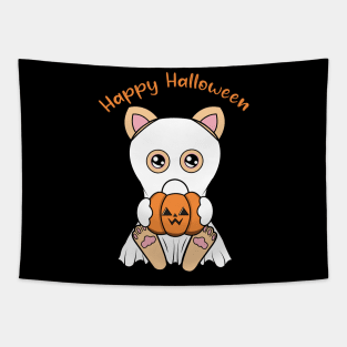 Happy Halloween Cute ghost Cat, Kawaii black cat with pumpkin Tapestry