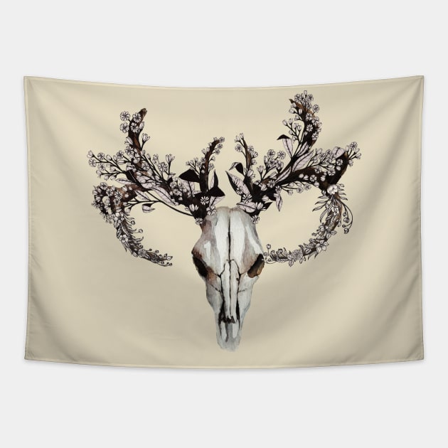 Skull with flower crown Tapestry by bansheeinspace