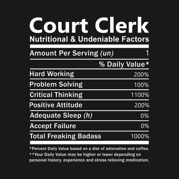 Court Clerk T Shirt - Nutritional and Undeniable Factors Gift Item Tee by Ryalgi