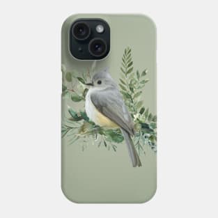 Grey Bird on Branch olive green background Phone Case