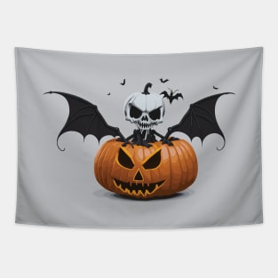 Halloween scary skeleton with bat wings and horror pumpkin Tapestry