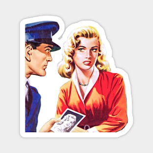 beautiful girl is questioned by police officer retro comic vintage Magnet