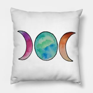 Triple moon goddess symbol in rainbow colors watercolor painting Pillow