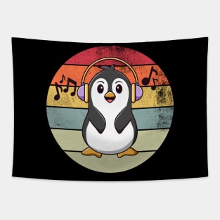 Retro Penguin Listening To Music Tapestry