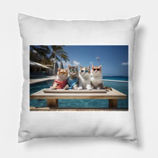 4 Cats Sunbathing Wearing Sun Glasses On a Wooden Deck Pillow