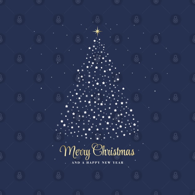 Merry Christmas and a Happy New Year. Minimalistic Christmas tree illustration. High quality Christmas blue white and gold starry illustration in minimalist style. by ChrisiMM