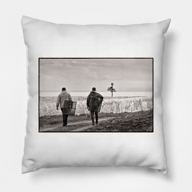 Fishermen passing by the lighthouse - Mull of Galloway, Scotland Pillow by richflintphoto