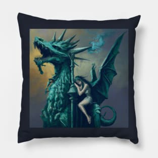 The Copper Green Dragon Statue And Lonely Girl Pillow