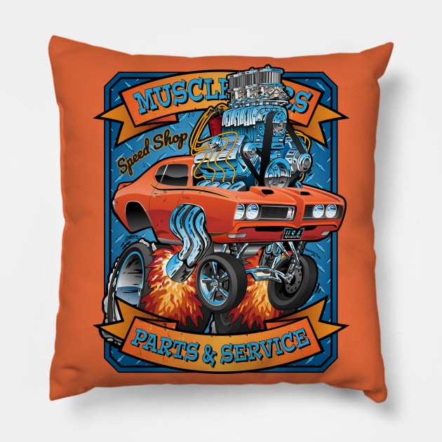 Classic Sixties Muscle Car Parts & Service Cartoon Pillow by hobrath