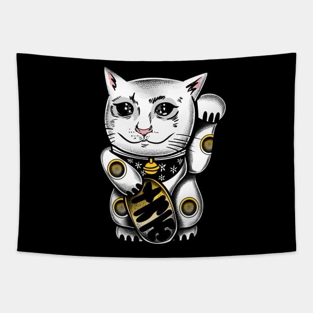 Sad Cat Manekineko Tapestry by absolemstudio