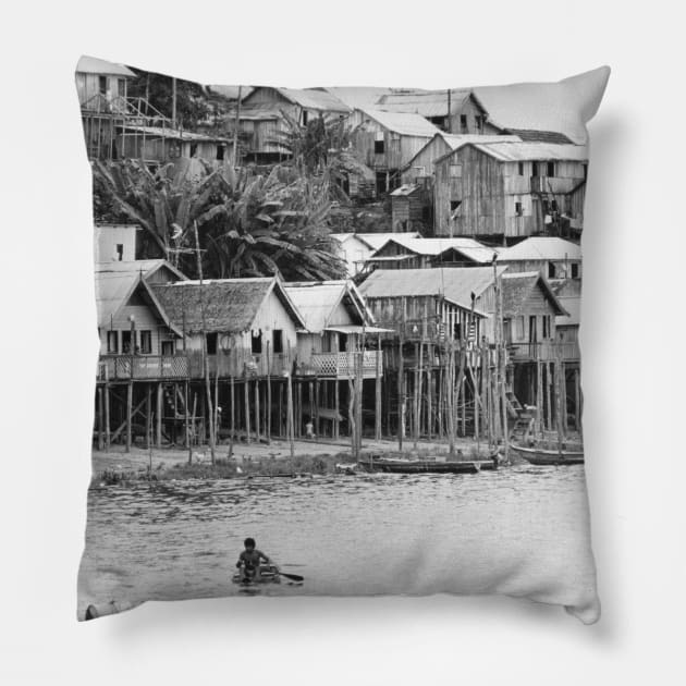 Stilt Houses on the Amazon River Pillow by In Memory of Jerry Frank