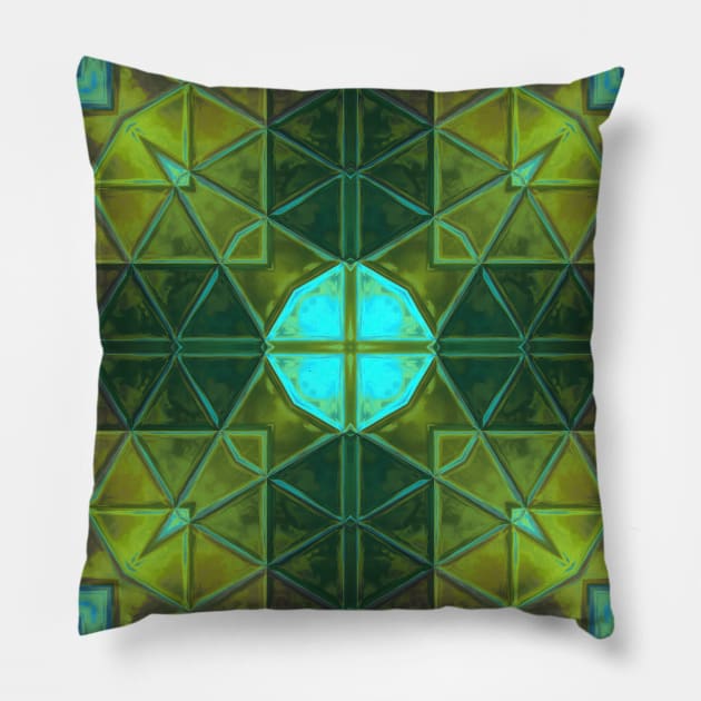 Mosaic Kaleidoscope Square Yellow and Teal Pillow by WormholeOrbital