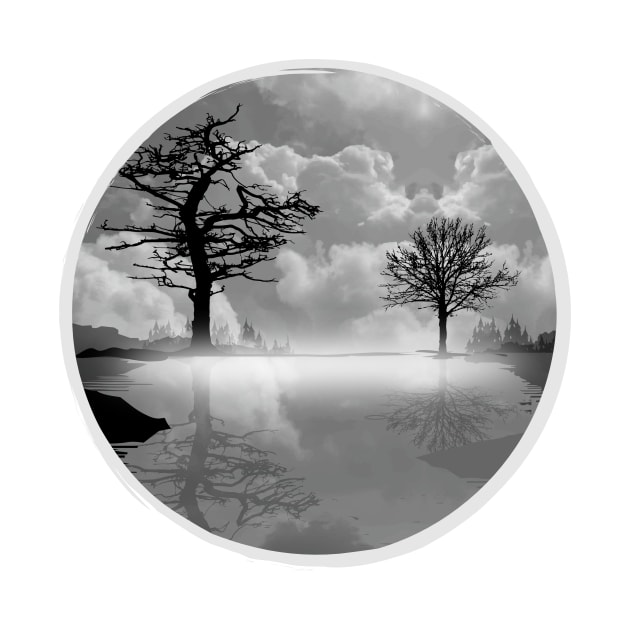 A calm lake in the fog in the morning in black and white by Kisho