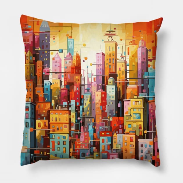 Colorful Dream World Cityscape Abstract Art Pillow by Art-Jiyuu