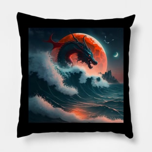 Dragon Flying over the Moon and the Ocean Pillow