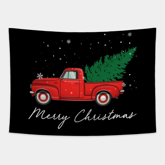 Merry Christmas Retro Vintage Red Truck Tapestry by Soema