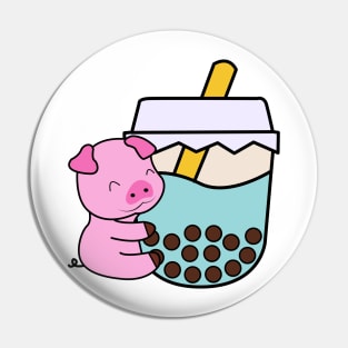 Kawaii Cute Happy Baby Pig Hugs Sweet Bubble Tea Blue Boba Tea Pin