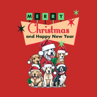 Retro Christmas Dog Design - Cute Dogs with Santa Hats Under a Retro Sign T-Shirt