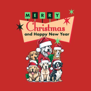 Retro Christmas Dog Design - Cute Dogs with Santa Hats Under a Retro Sign T-Shirt