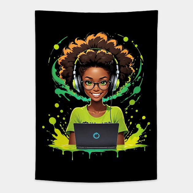 Melanin Gamer teacher pupil student headphones comic retro Tapestry by Neon City Bazaar