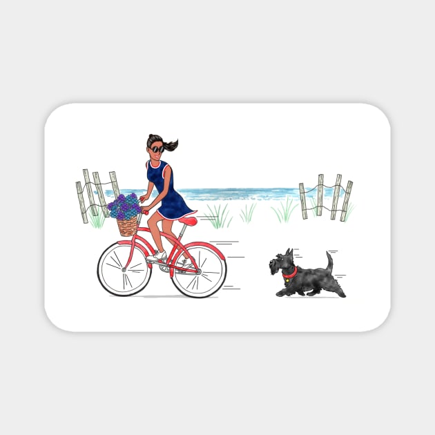 Girl on bike with Scottie dog riding on beach. Magnet by Chatham Ivy