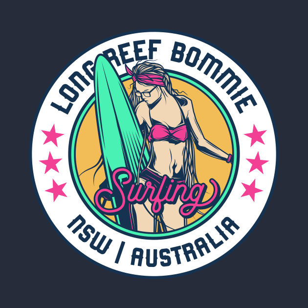Retro Surfer Babe Badge Long Reef Bommie New South Wales Australia by Now Boarding