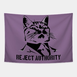 Reject Authority Cat (Black Pattern and Text) Tapestry