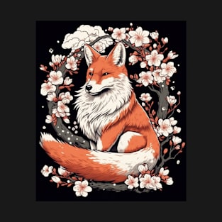 Kitsune Fox Japanese Nine Tailed Fox Cherry Blossom Flowers T-Shirt