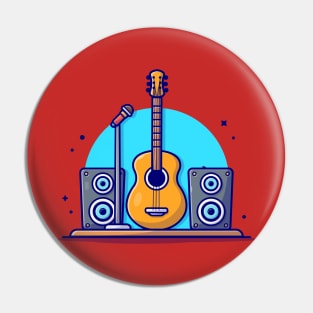 Guitar Acoustic with Microphone and Sound Speaker Music Cartoon Vector Icon Illustration Pin