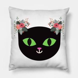 Black cat with flowers Pillow