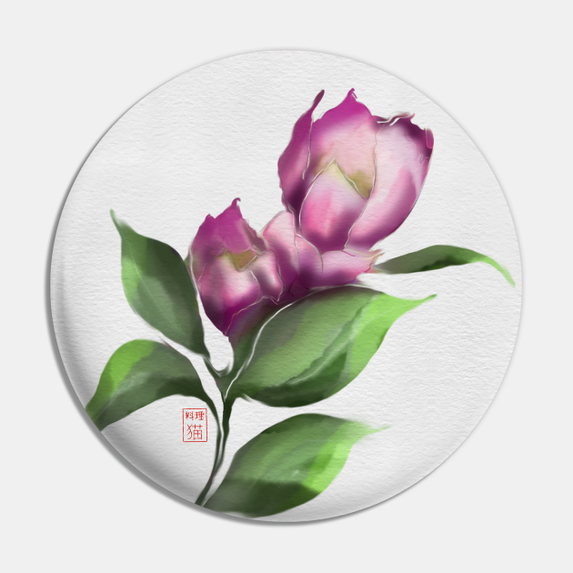 Dark pink watercolor and sumiE ink camellia - Sumi E - Pin | TeePublic
